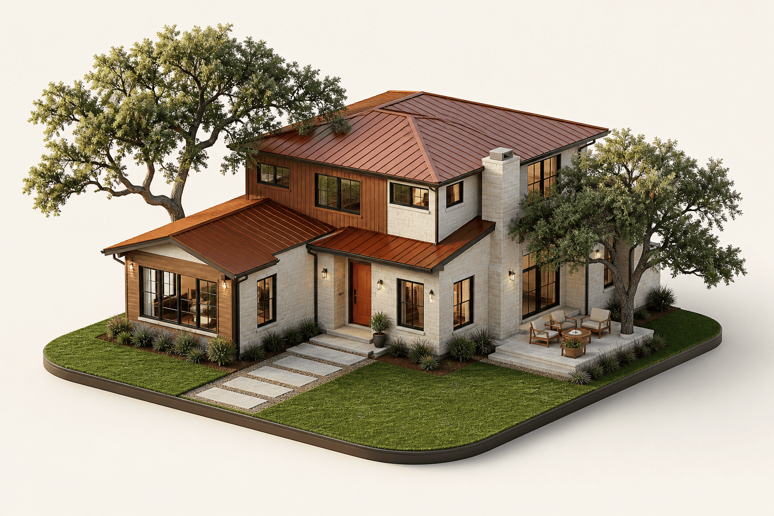 Original illustrated model of a contemporary home on a cream studio background